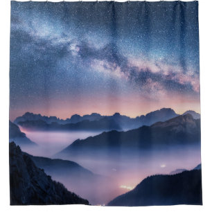 Milky Way over mountains in fog at night in summer Shower Curtain