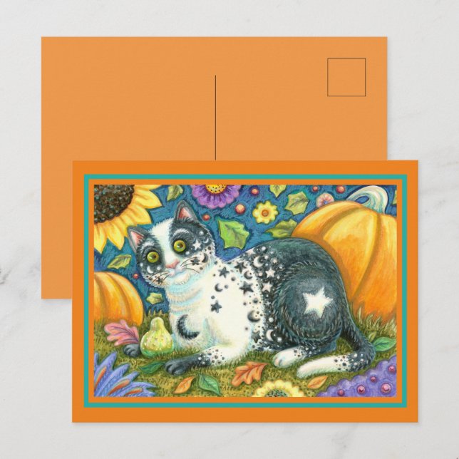 MILKYWAY, A MYSTICAL HALLOWEEN CAT, MOON & STARS  HOLIDAY POSTCARD (Front/Back)