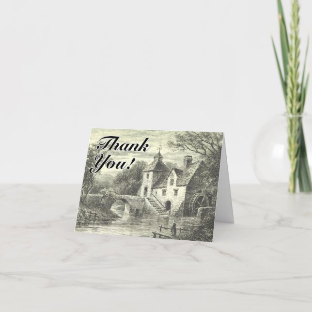 Mill Building With Waterwheel, "Thank You!" Card (Front)