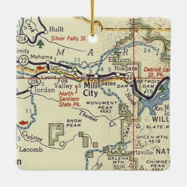 Mill City OR Retro Map Ceramic Ornament (Back)