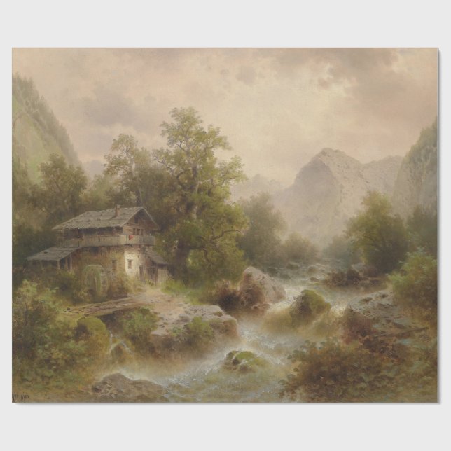 Mill on a Mountain Stream (by Albert Rieger) Wrapping Paper (Flat)