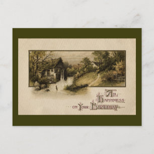 Mill Waterwheel Vintage Birthday Postcard