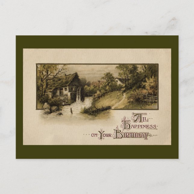 Mill Waterwheel Vintage Birthday Postcard (Front)