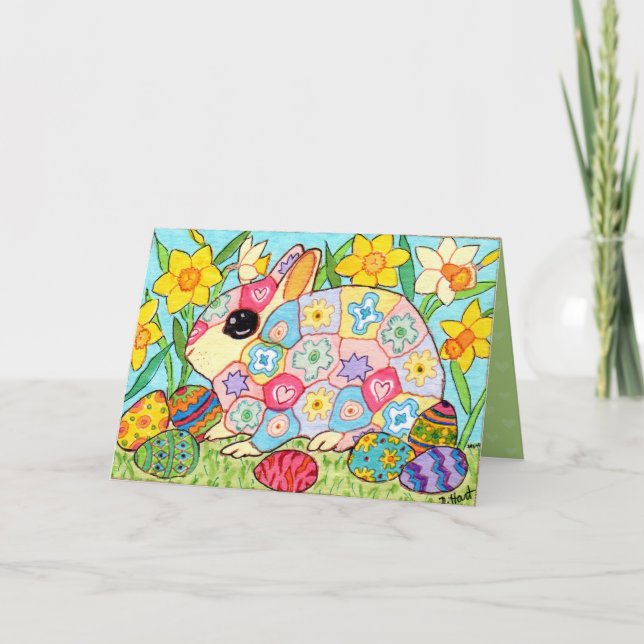 Millefiori Bunny Colourful Eggs Fun Folk Art Easte Holiday Card (Front)