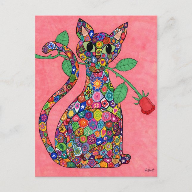 Millefiori Cat with Red Rose Postcard (Front)