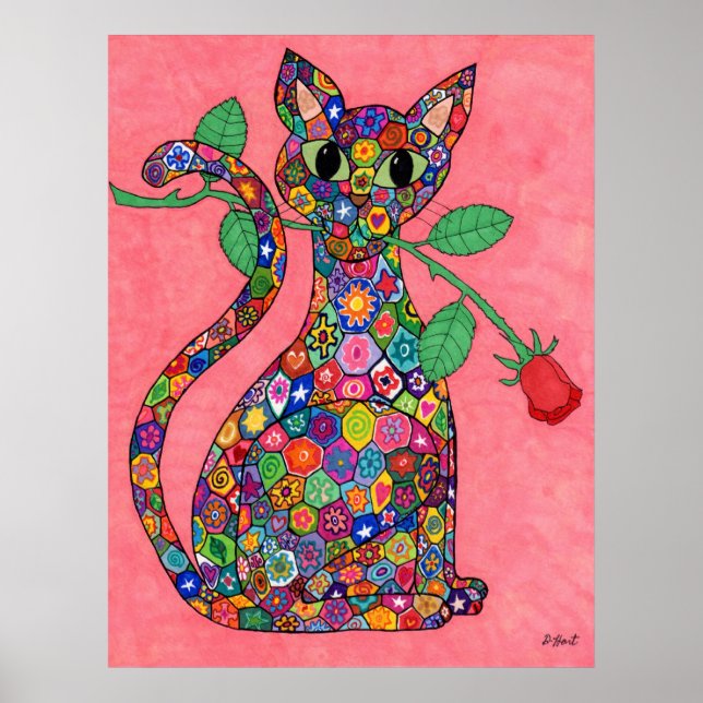 Millefiori Cat with Red Rose Poster (Front)