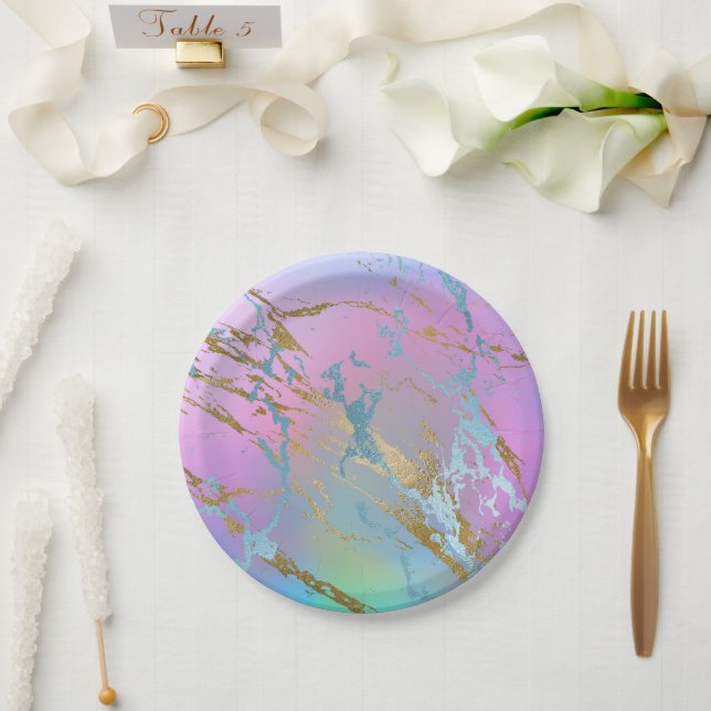 Millennial Marble | Playful Rainbow Pastel Ombre Paper Plate (Wedding)