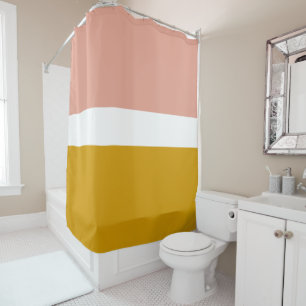 Millennial Pink Mustard Gold Colour Block Stripe Shower Curtain