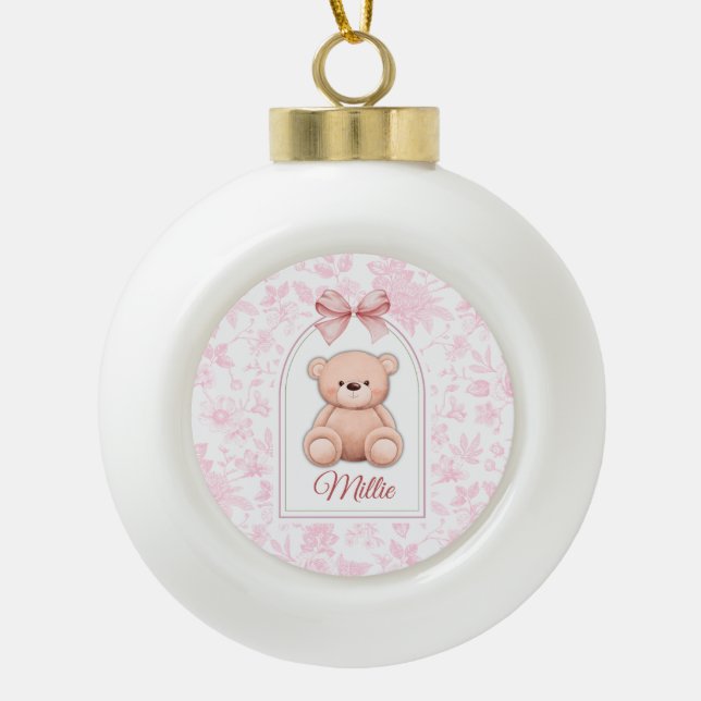 Millie | Custom Pink Teddy Bear Nursery Design  Ceramic Ball Christmas Ornament (Front)
