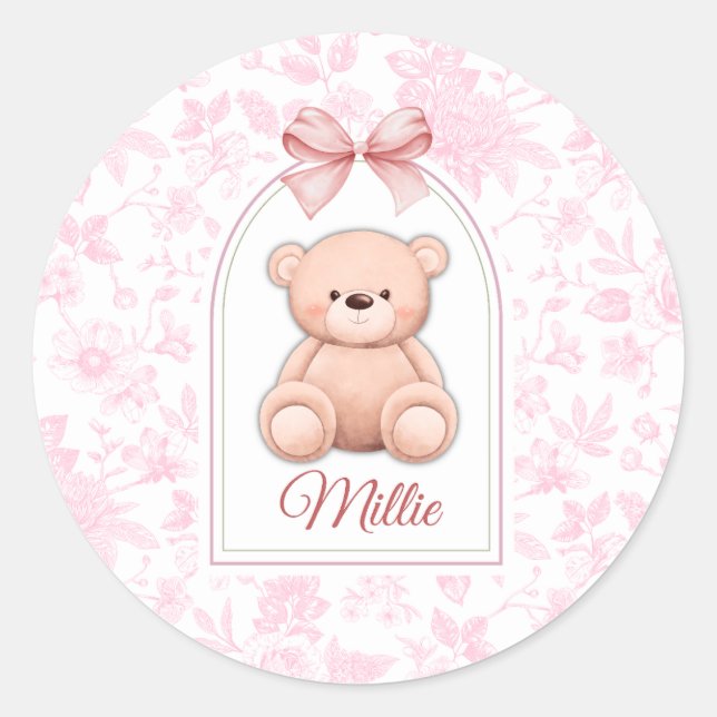 Millie | Custom Pink Teddy Bear Nursery Design  Classic Round Sticker (Front)