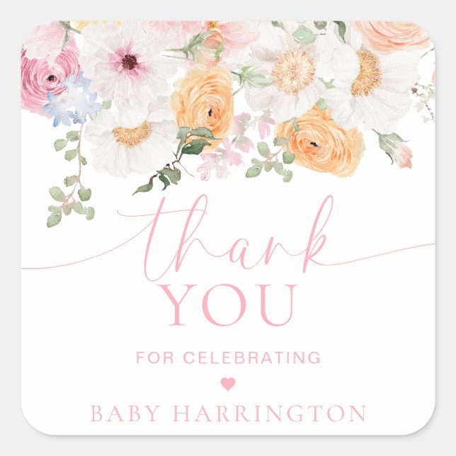 Millie Floral Baby Shower Thank You Favour Square Sticker (Front)