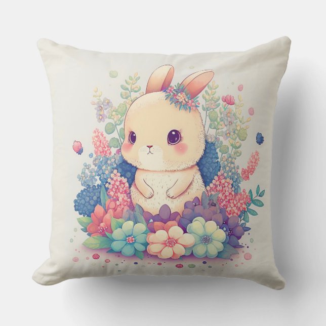 Millie Mae - Cute Bunny in Flowers Pillow (Front)