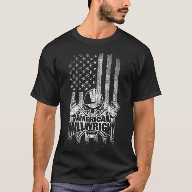 Millwright  Skull and Wrenches American Flag  T-Shirt (Front)