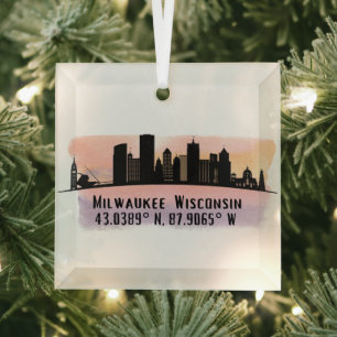 Milwaukee City Skyline Latitude and Longitude  Glass Tree Decoration