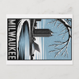 Milwaukee Skyline Black and White Woodcut Winter Postcard