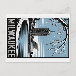 Milwaukee Skyline Black and White Woodcut Winter Postcard