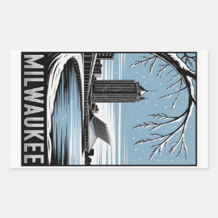 Milwaukee Skyline Black and White Woodcut Winter Rectangular Sticker