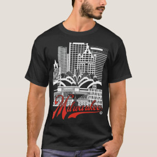 Milwaukee Skyline Squared  White+red On Black T-Shirt