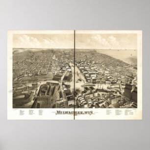 Milwaukee WI 1879 Antique Panoramic Map Poster