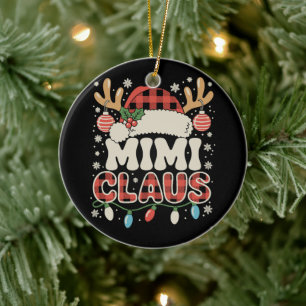 Mimi Claus Red Buffalo Plaid Christmas Lights Xmas Ceramic Ornament