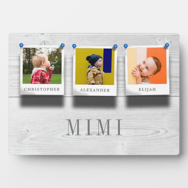 Mimi Grandchildren Names 3 Photo Collage Wood Plaque (Front)