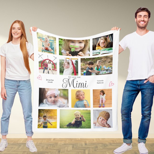 Mimi We Love You Personalised Hearts Modern Fleece Blanket (Mimi custom fleece blanket with 12 photos and personalized text.)