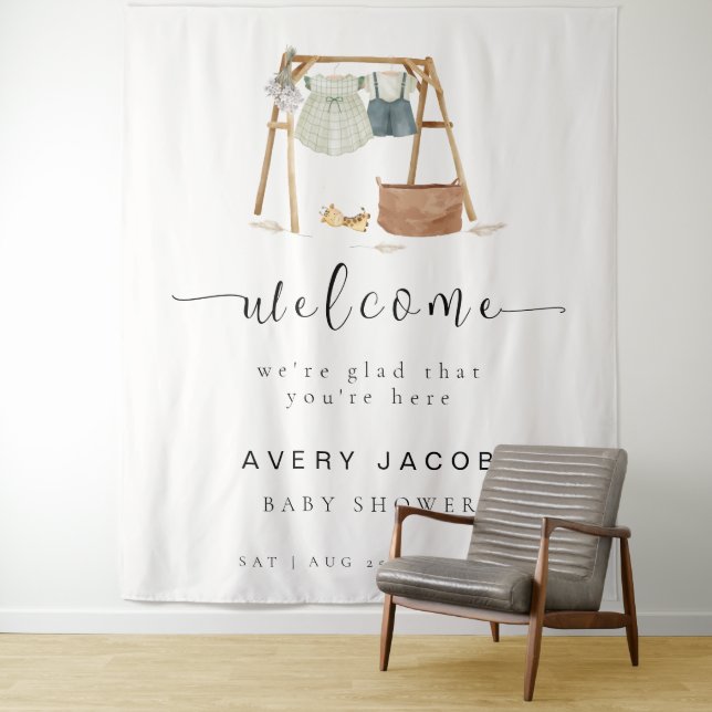 Mimimalist Boho Baby Shower Clothes Welcome Sign  Tapestry (In Situ)