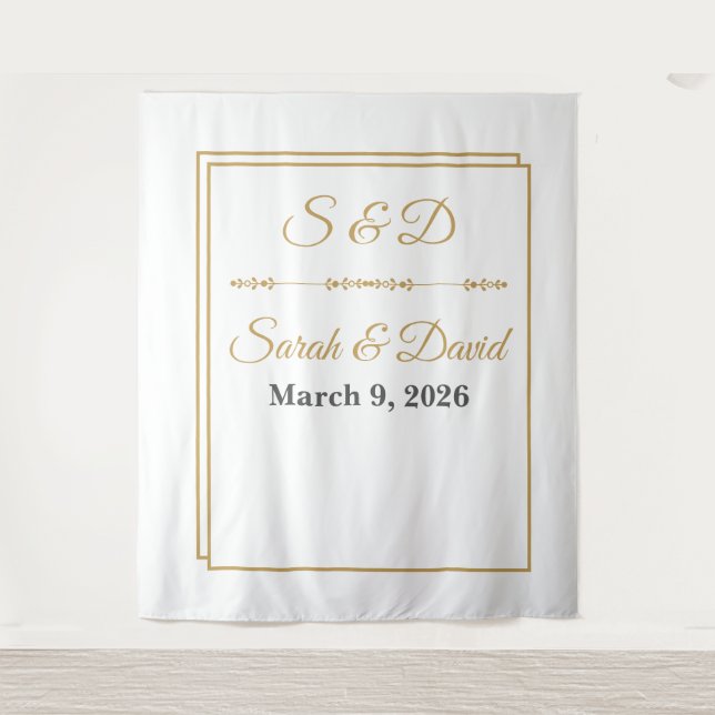 Mimimalist Gold Border Wedding Banner Tapestry (Front)