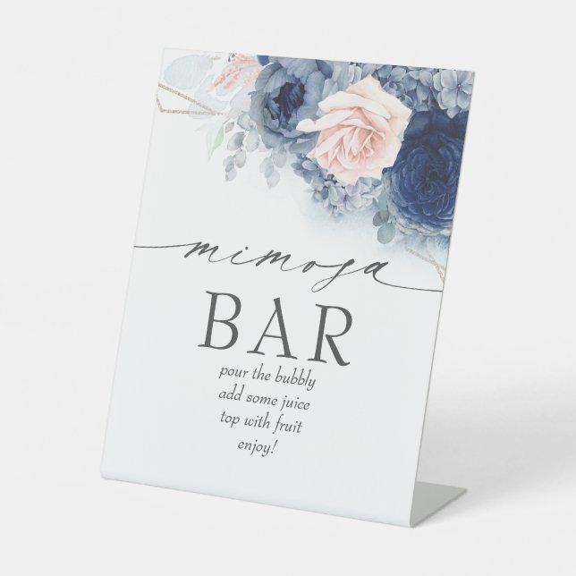 Mimosa Bar Bridal Brunch Dusty Blue Floral Pedestal Sign (Front)