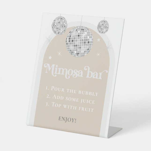 Mimosa Bar Bubbly Disco Ball Bridal Shower Pedestal Sign (Front)