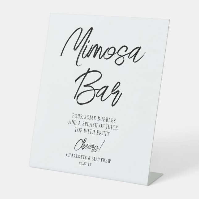 Mimosa Bar Cheers Modern Handwritten Black Script Pedestal Sign (Front)