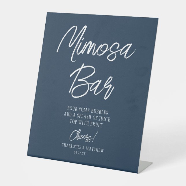 Mimosa Bar Cheers Modern Script Navy Blue Pedestal Sign (Front)