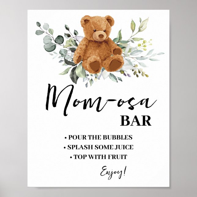 Mimosa Bar Momosa Bar Bear Greenery Baby Shower Poster (Front)