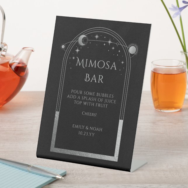Mimosa Bar Mystical Black Silver Sun Moon Stars Pedestal Sign (In SItu)