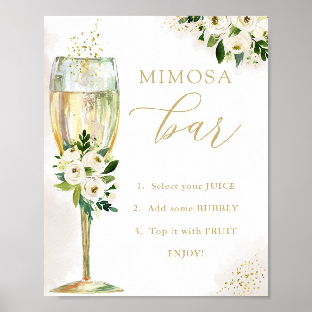 Mimosa Bar White and Gold Flowers & Glass Shower Poster (Front)