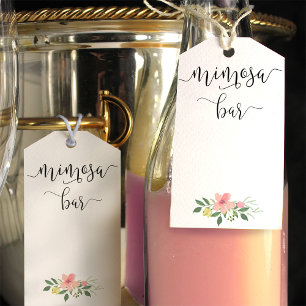 Mimosa bottle tags with a pink blush bouquet