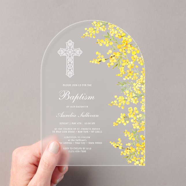 Mimosa Flowers Arch Baptism Acrylic Invitations (Insitu (Handheld))