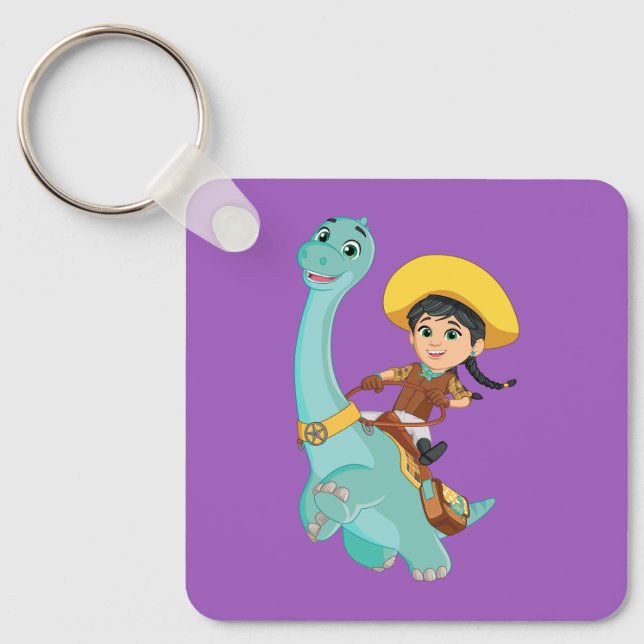 Min & Clover | Happy Cowgirl & Brontosaurus Ride Key Ring (Front)