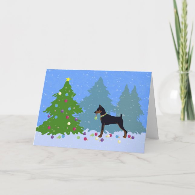 Min Pin in the Forest Decorating Christmas Tree Holiday Card (Front)