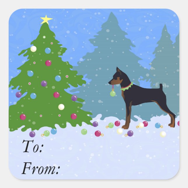 Min Pin in the Forest Decorating Christmas Tree Square Sticker (Front)