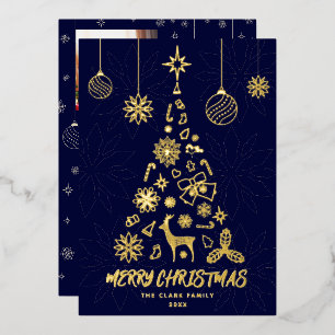 Minamalist Blue Christmas Tree 3 Photo Collage Foil Holiday Card