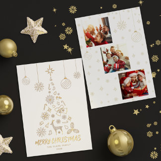 Minamalist White Christmas Tree 3 Photo Collage Foil Holiday Card