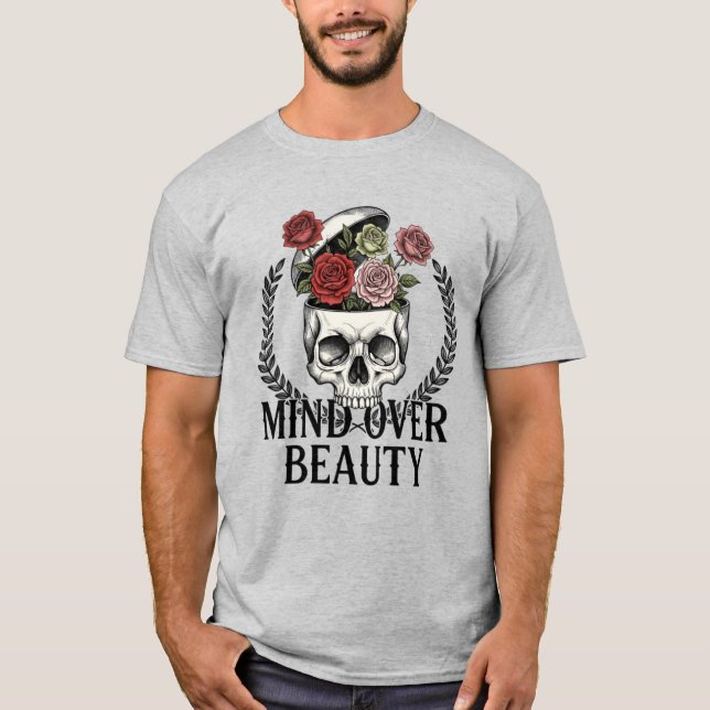 ​Mind Over Beauty Floral Skull Surreal Art T-Shirt (Front)