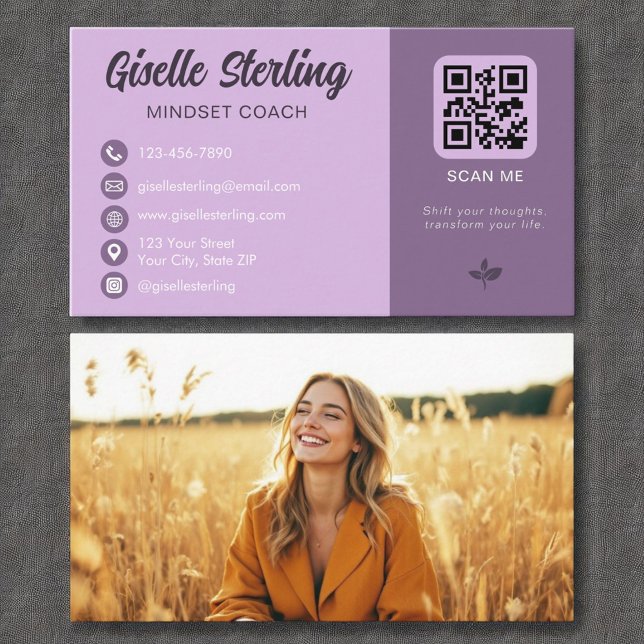 Mindset Coach Lavender Purple QR Code Photo  Business Card (Creator Uploaded)
