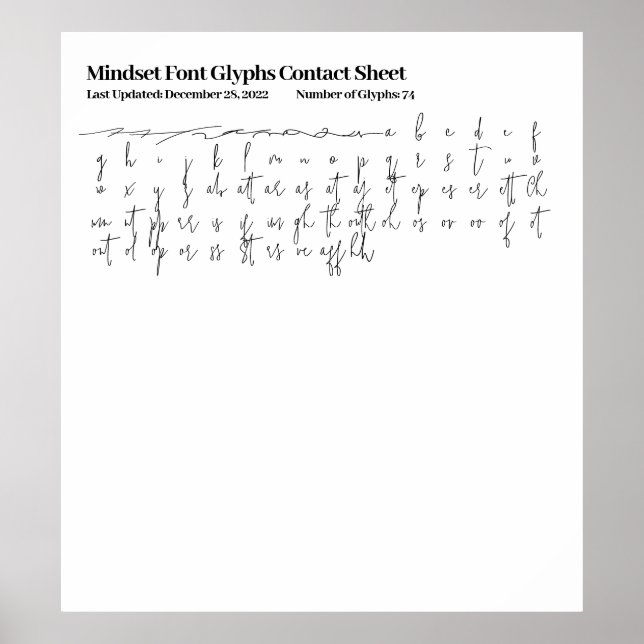 Mindset Font Glyphs Contact Sheet Poster (Front)
