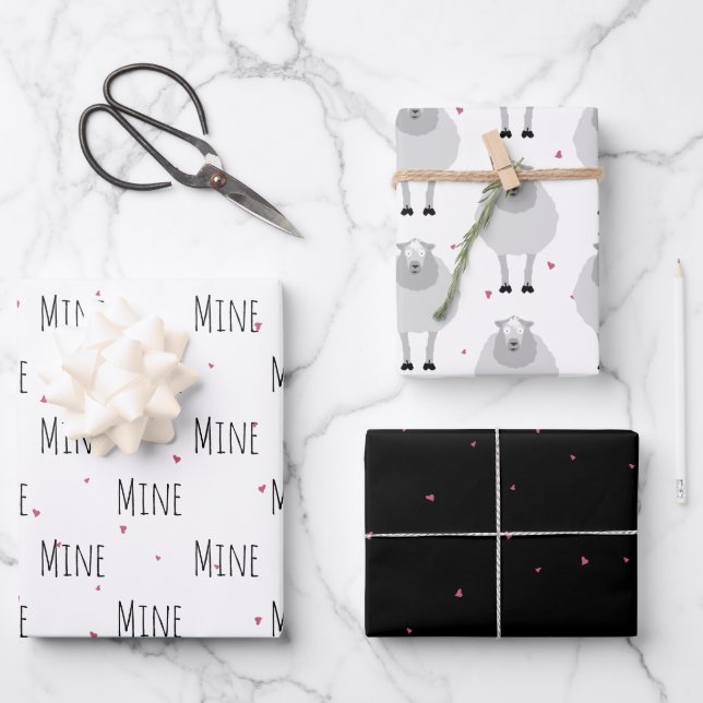 "Mine Mine Mine" Crazy Cute Sheep Love Wrapping Paper Sheet (Front)