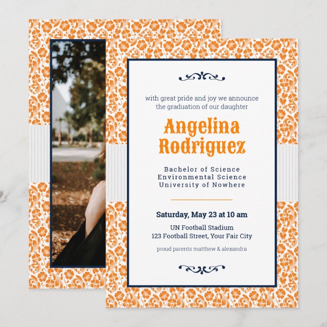 Miner Orange Floral Damask Photo Graduation Invitation (Front/Back)