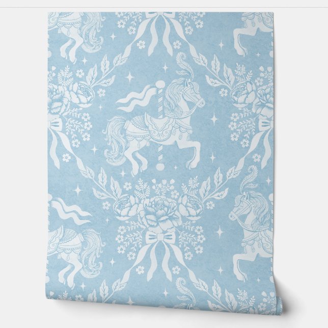 Mineral Blue Rococo Carousel Horses & Florals  Wallpaper (Unrolling)