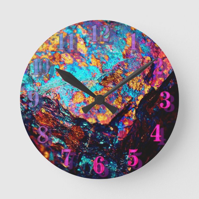 Mineral chalcopyrite gemstone crystal stone round clock (Front)