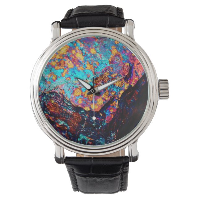 Mineral chalcopyritel stone look black blue gold watch (Front)